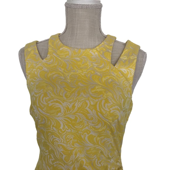 Yellow and white Cache size 2 fitted midi dress with ruche in the waist - Picture 5 of 12